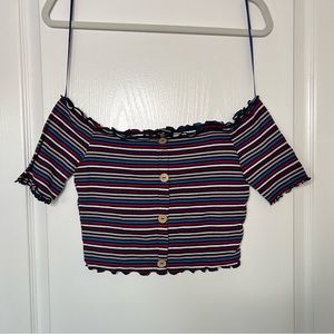 Ambiance Striped Off-the-Shoulder Short Sleeve Crop Top